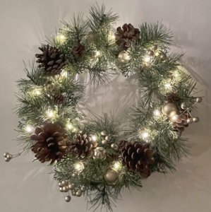 画像1: クリスマス パインリース 30cm  LEDイルミネーション付き chpn-21 クリスマス装飾 (1)